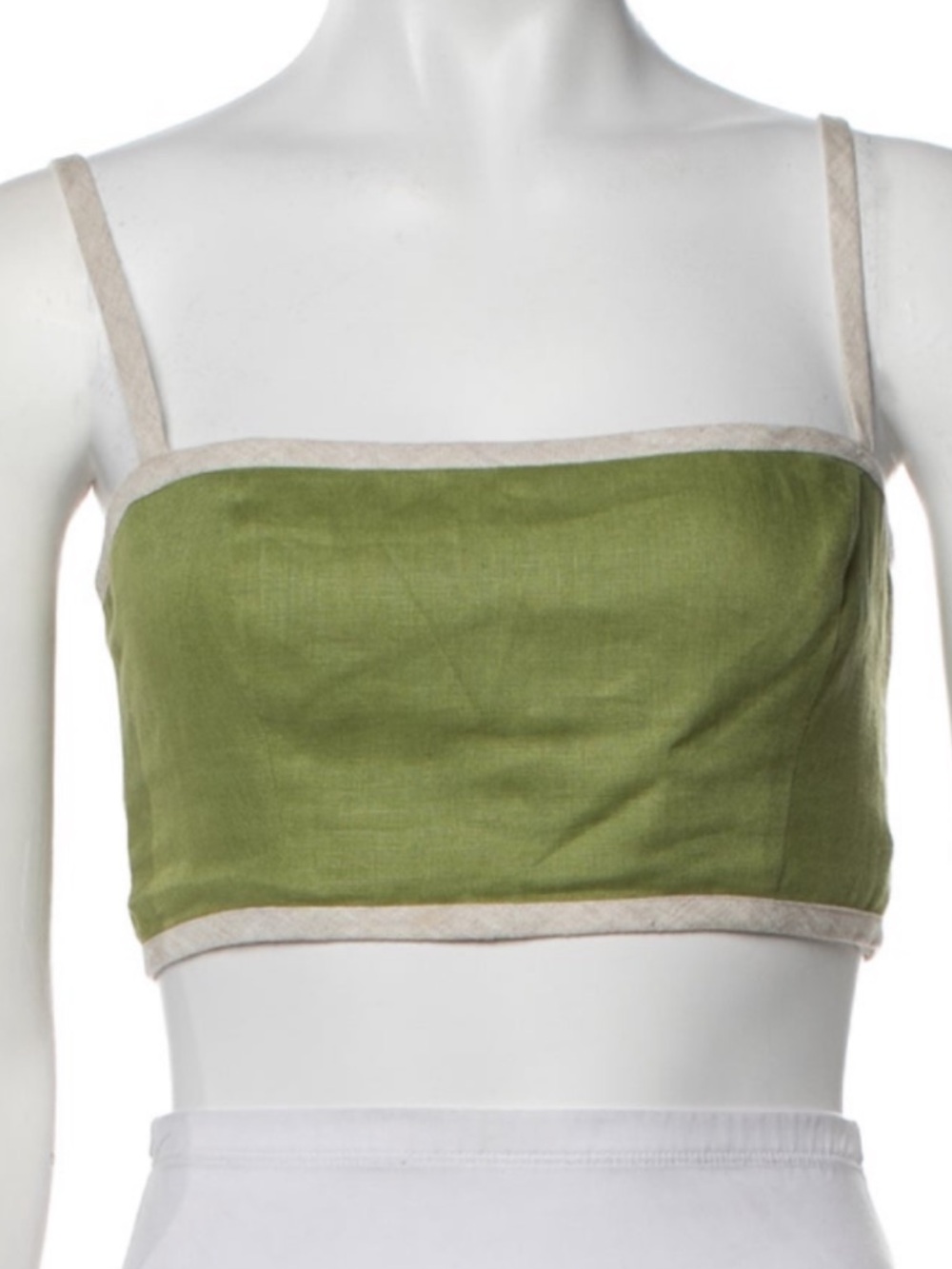 Reformation linen Green Crop Tank Top with Beige Trim